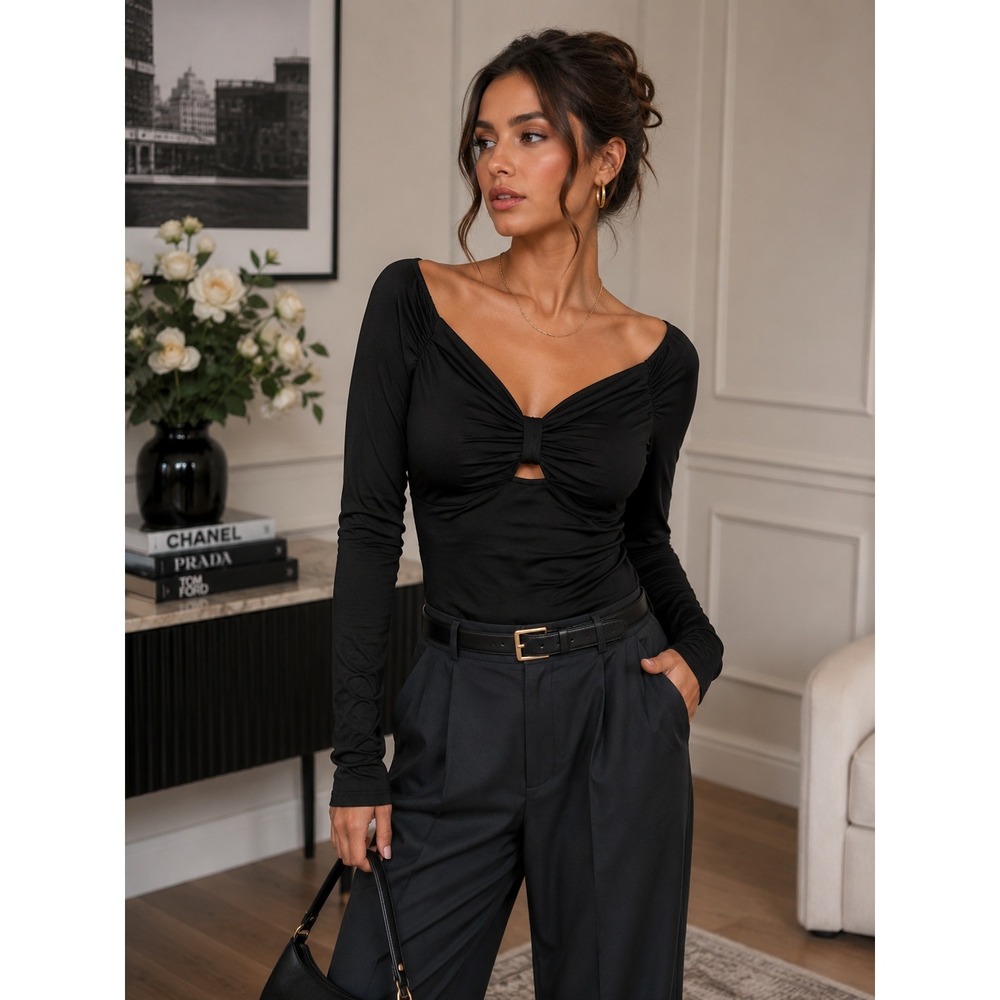 Commense Sweetheart Off Shoulder Neckline Long Sleeve Knit Top Large
